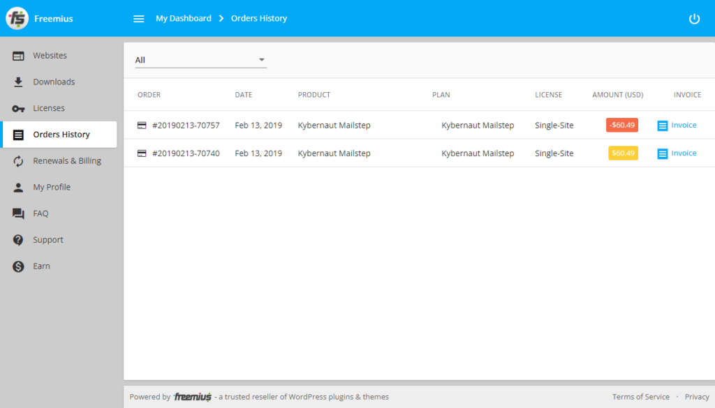 Orders History tab with invoice download icons