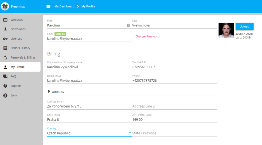 Billing details fields in the Freemius My Profile section