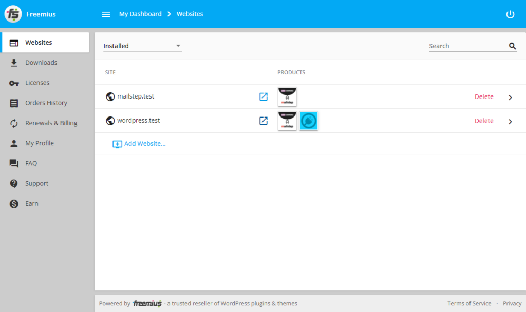 Freemius account dashboard