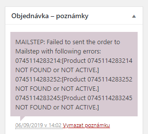 Order note showing an error when sending to Mailstep failed