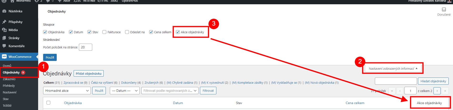 Enabling the order actions column in Screen options