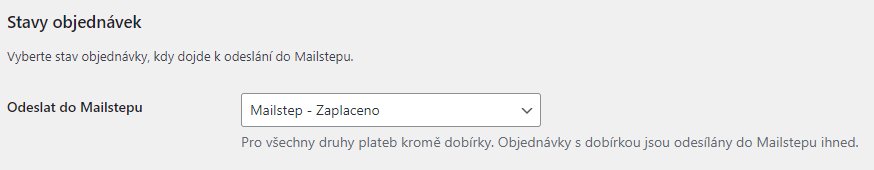 The Send to Mailstep order status setting in WooCommerce → Settings → Mailstep