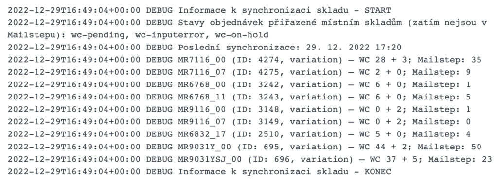 Example log entry showing products not fully synchronized between WooCommerce and Mailstep