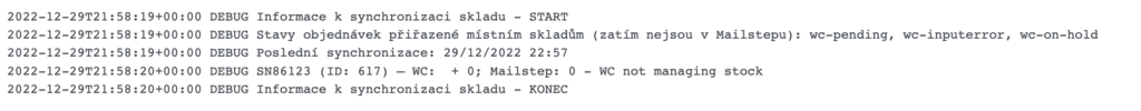 Log entry showing stock status OK except one product missing quantity sync