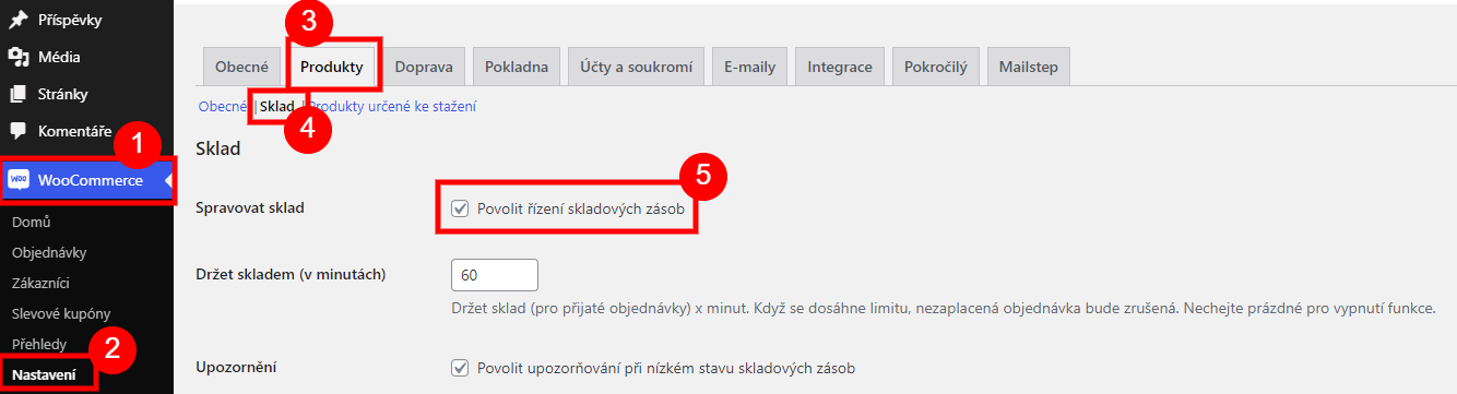 Enabling stock management in WooCommerce → Settings → Products → Inventory