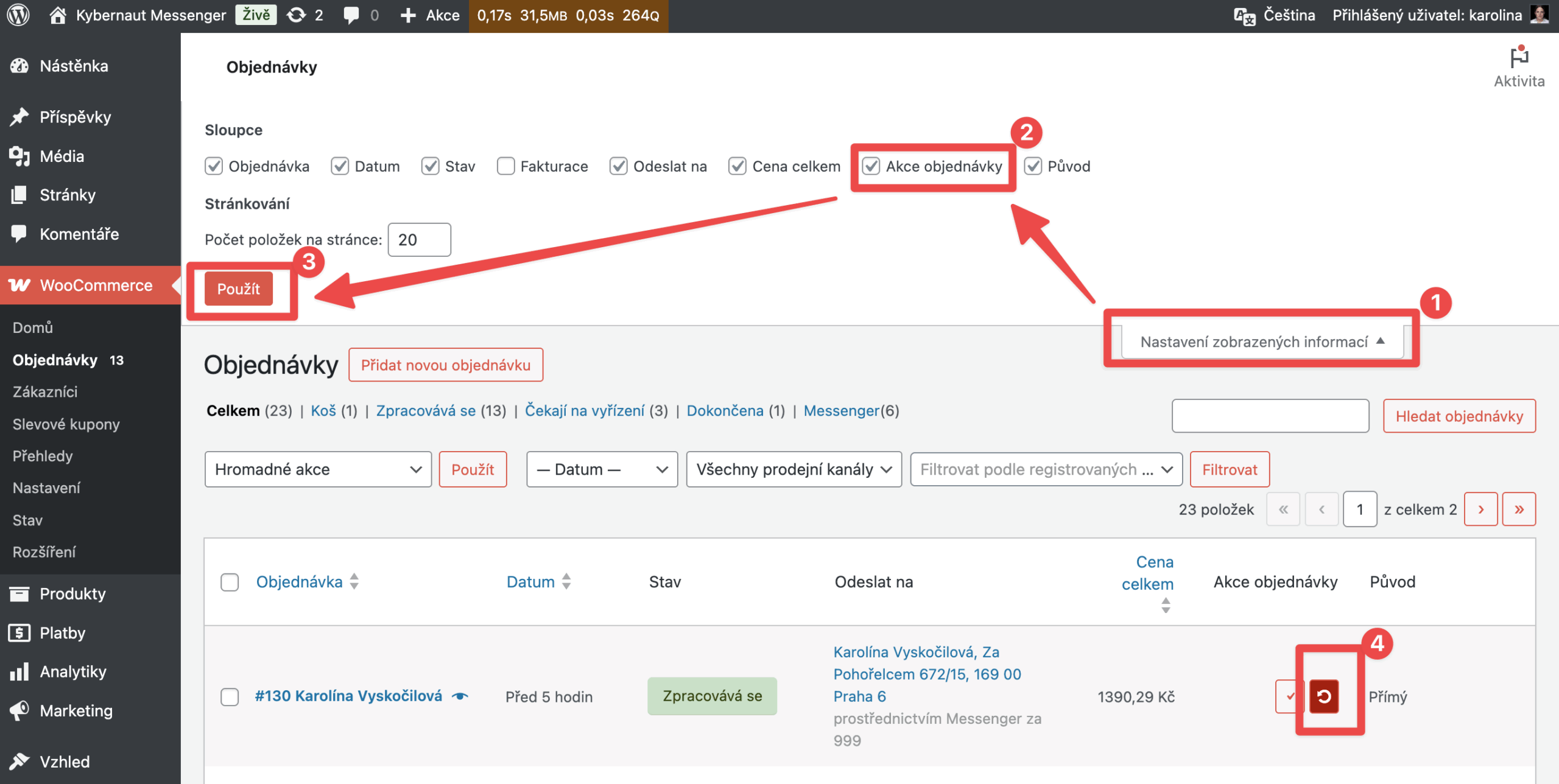 Resend to Messenger button in the Order actions column on the orders list
