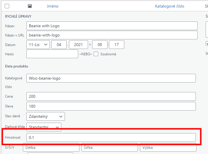Editing a product's weight from Quick Edit on the products list